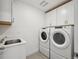 Convenient laundry room featuring a sink, white cabinets, and modern washer and dryer units at 1860 Chaffee Crest Dr, Berthoud, CO 80513
