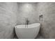 Modern bathroom showcasing a freestanding soaking tub, sleek fixtures, and elegant wall tile for a spa-like experience at 7863 Windfont Row, Parker, CO 80134