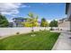 Spacious backyard featuring a well-maintained lawn, concrete patio, and mature trees at 5475 Shoshone Dr, Longmont, CO 80504