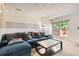 Inviting living room features a comfortable blue sectional sofa and sliding glass door with backyard views at 2896 W 119Th Ave, Westminster, CO 80234