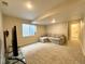 Finished basement living area with a gray couch, television, and window for natural light at 25206 E Lake Dr, Aurora, CO 80016