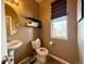 Functional half bathroom featuring a modern sink, toilet, and decorative shelving at 25206 E Lake Dr, Aurora, CO 80016