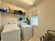 Well-lit laundry room with white washer and dryer, shelving, and a window at 25206 E Lake Dr, Aurora, CO 80016