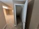 Unfinished attic storage space with a narrow doorway and carpet at 1927 Rannoch Dr, Longmont, CO 80504