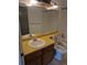 Bathroom features a vanity with yellow countertops, large mirror, and tiled shower at 17900 E Asbury Dr, Aurora, CO 80013