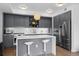 Modern kitchen with gray cabinets, stainless steel appliances, and a white countertop island with seating for two at 1750 Wewatta St # 700, Denver, CO 80202