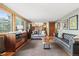 Open concept living room with wood floors, comfortable seating, and a view of the kitchen at 2857 Hiwan Dr, Evergreen, CO 80439