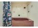 Enclosed jacuzzi tub with matching shower curtain and minimal decorative tile accents at 8164 Flower Cir, Arvada, CO 80005