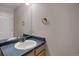 Bathroom with mirror and sink, featuring a blue countertop and wood cabinets at 13950 E Chenango Dr, Aurora, CO 80015