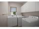 Well-organized laundry room with white cabinets, sink, and washer and dryer hookups at 13950 E Chenango Dr, Aurora, CO 80015