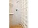Close up of the shower with neutral tile and a glass block wall at 3513 Quitman St, Denver, CO 80212