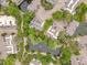A detailed aerial shot capturing buildings, pathways, and a pond within a residential complex at 2840 S Kenton Ct, Aurora, CO 80014