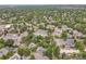 A high aerial shot showcases a residential neighborhood surrounded by green trees and a pond at 2840 S Kenton Ct, Aurora, CO 80014