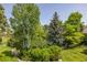Lush backyard with mature trees and greenery, offering privacy and a serene natural setting at 9 Roder Gate Ln, Castle Pines, CO 80108