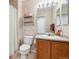 Well-lit bathroom with a sink, a vanity with wood cabinets, a toilet and a shower with curtain at 178 Blue Bonnet Dr, Brighton, CO 80601