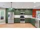 Modern kitchen with stainless steel appliances, green cabinets, white countertops, and updated backsplash for style at 306 E Iowa Ave, Berthoud, CO 80513