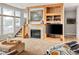 Bright living room features a fireplace, built-in shelves, and floor to ceiling windows at 7332 Woodglen Pl, Castle Pines, CO 80108