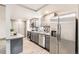 This is a kitchen with stainless steel appliances and gray cabinets at 4445 Milwaukee St, Denver, CO 80216