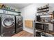 Functional laundry room with modern appliances and shelving for storage at 1742 S Alcott St, Denver, CO 80219