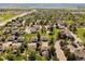 Aerial view of a neighborhood featuring well-maintained lawns, mature trees, and a community pool at 3351 S Field St # 150, Lakewood, CO 80227