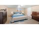 Finished basement bedroom features plush blue comforter, area rug, and side tables with lamps at 6895 E 74Th Ave, Commerce City, CO 80022
