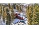 Aerial view of a red house surrounded by snow-covered evergreens, creating a cozy winter scene at 876 Broken Lance Dr, Breckenridge, CO 80424