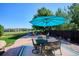 Beautiful backyard patio with large table with umbrella, outdoor furniture and a spacious grassy yard at 1328 Double Eagle Ct, Castle Rock, CO 80104