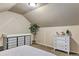 Bedroom displays sloped ceiling, modern dresser, decorative room divider, and potted greenery at 7559 S Turkey Creek Rd, Morrison, CO 80465