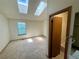 Bright bedroom featuring plush carpet, natural light from skylights and a view to an adjoining bathroom at 10716 Foxwood Ct, Parker, CO 80138