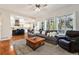 Bright living room with a comfortable sofa, large windows, and open view to the kitchen at 4501 Whitehall Ln, Highlands Ranch, CO 80126