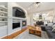 Cozy living room with a fireplace, built-in shelves, and seamless flow into the kitchen at 4501 Whitehall Ln, Highlands Ranch, CO 80126