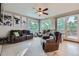 Bright living room features comfortable leather seating and access to an outdoor deck at 2865 S Yampa Way, Aurora, CO 80013