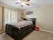 Cozy bedroom with carpet, window with blinds, ceiling fan, and a bed with storage at 885 Sage Sparrow Cir, Highlands Ranch, CO 80129