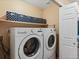 Well-equipped laundry room featuring a modern washer and dryer with storage shelf at 885 Sage Sparrow Cir, Highlands Ranch, CO 80129