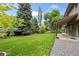 Expansive backyard featuring a meticulously manicured lawn and mature trees, offering privacy and shade at 7409 Mount Meeker Rd, Longmont, CO 80503