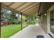 Covered patio area with concrete flooring, providing a comfortable space to enjoy the beautifully landscaped backyard at 7409 Mount Meeker Rd, Longmont, CO 80503
