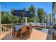 Stylish backyard deck featuring a dining table, conversation area, and a blue patterned rug at 930 Kearney St, Denver, CO 80220