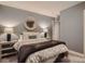 Cozy bedroom featuring carpet, gray walls, and tasteful decor with a round mirror at 930 Kearney St, Denver, CO 80220
