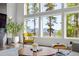 Living room with high windows offering scenic views, complemented by stylish furniture and decor at 6803 Snowshoe Trl, Evergreen, CO 80439