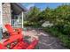 Cozy front yard with red Adirondack chairs on a stone patio, with lush landscaping and a view of the street at 902 Grove Dr, Louisville, CO 80027
