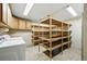 Basement storage area with built in shelves and laundry area. Great room for organization at 10311 E Evans Ave # 133, Aurora, CO 80247