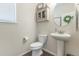 Charming powder room features pedestal sink and wood-look flooring, plus stylish decor at 3793 Cadence Dr, Castle Rock, CO 80109
