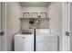 Functional laundry room with washer, dryer, overhead shelving and ample storage space at 3793 Cadence Dr, Castle Rock, CO 80109