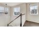 Bright staircase with carpeted steps, white railings, and large windows providing ample natural light at 3793 Cadence Dr, Castle Rock, CO 80109
