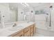 Bright bathroom featuring a double sink vanity, large mirror, and a bathtub at 7664 S Ivanhoe Way, Centennial, CO 80112