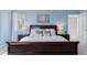 Calm blue main bedroom features a dark wood bed frame and matching side tables with soft lamp lighting at 4094 Bimini Ct, Boulder, CO 80301
