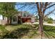 Landscaped front yard of home with mature tree, green grass, and a brick and siding facade at 105 Hawthorn St, Frederick, CO 80530