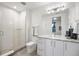 Modern bathroom with glass-enclosed shower, granite counters, and white cabinets at 4214 E 8Th Pl, Denver, CO 80220