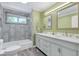 Updated bathroom featuring a glass shower, double sinks, and modern finishes at 7900 E Iowa Ave, Denver, CO 80231