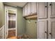 The laundry room has painted cabinets with vintage hardware at 7210 Otis Ct, Arvada, CO 80003